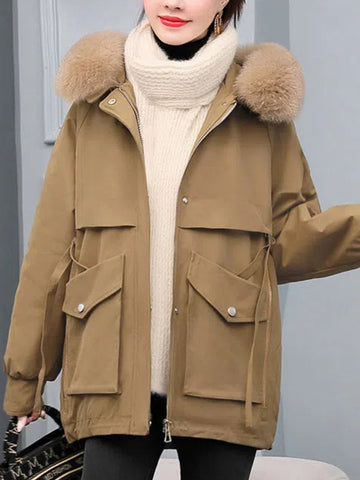 Airchics mi-longue parka avec poches fermeture éclair col en fourrure à capuche femme mode veste